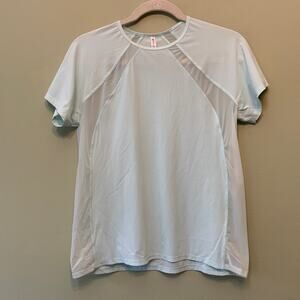 Athleta Crew Neck Top Women XS Blue Sheer Side Panels Short Sleeves Ultra Light